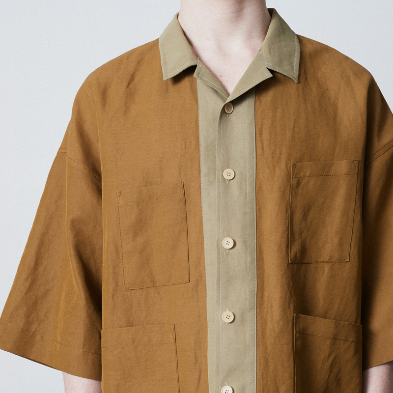 Two colored open collar shirt_Olive beige